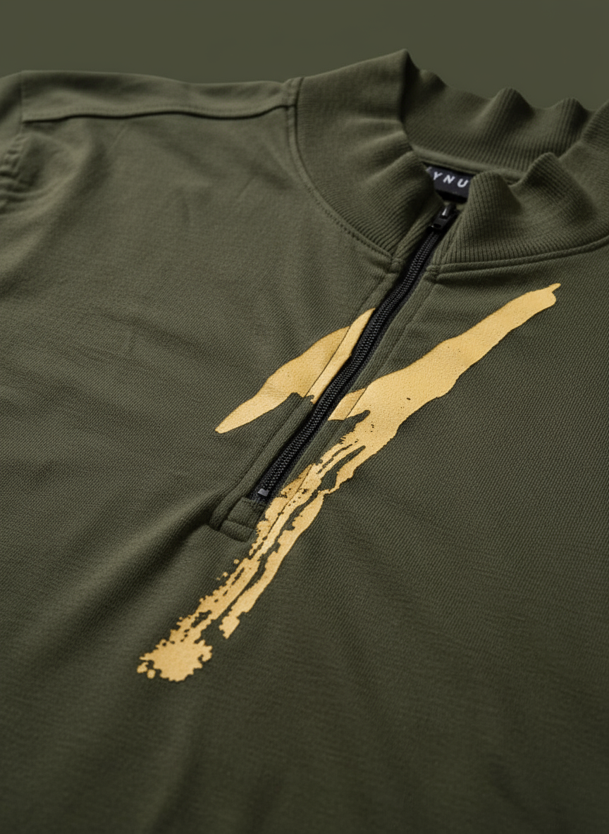OLIVE GREEN HALF ZIPPER T-SHIRT