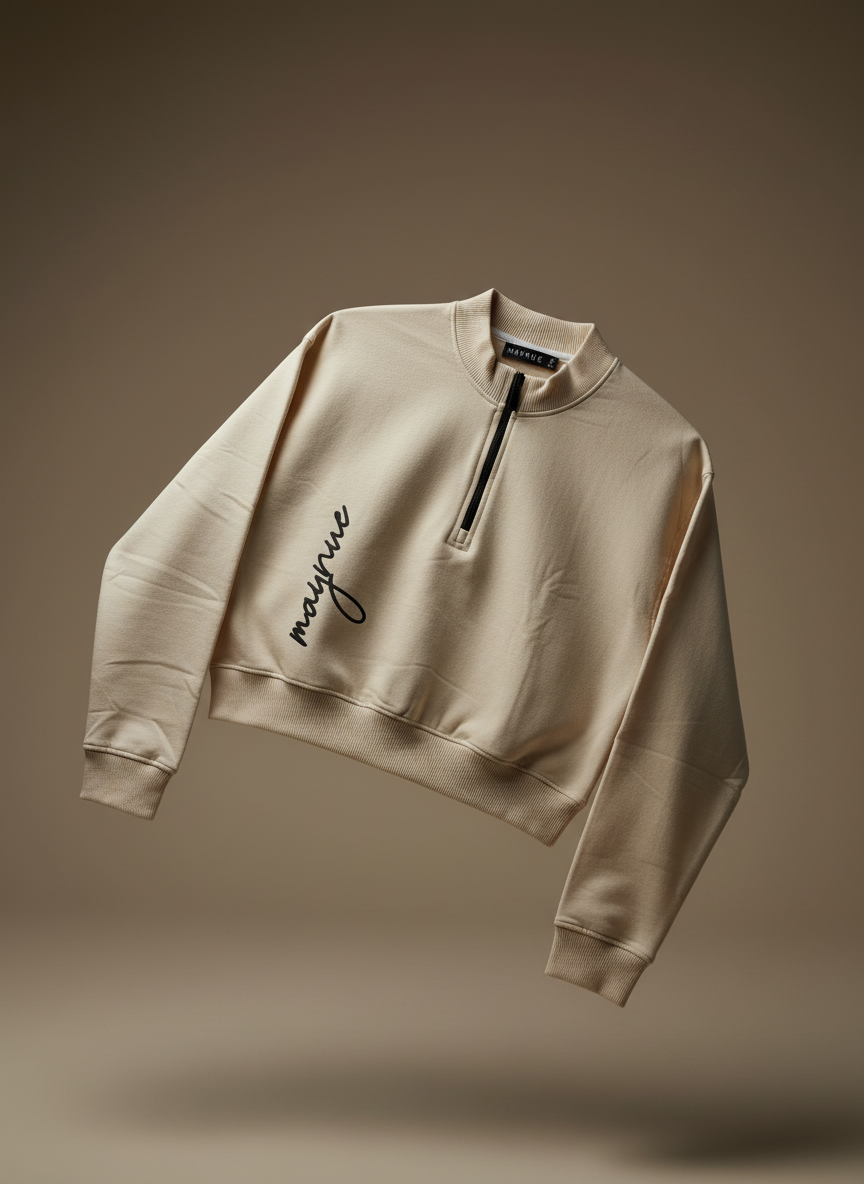 BEIGE ZIP-TOP SWEATSHIRT WOMEN