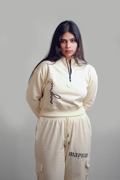 BEIGE ZIP-TOP SWEATSHIRT WOMEN