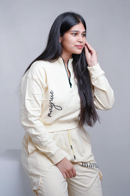 BEIGE ZIP-TOP SWEATSHIRT WOMEN